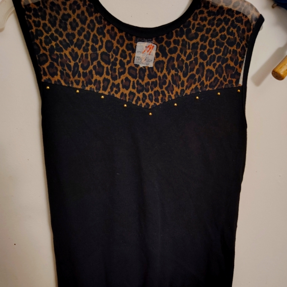 Black tank top with leopard print mesh